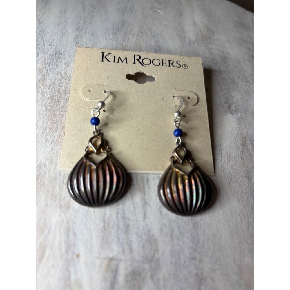 Kim Rogers Blue Bead Iridescent Gunmetal Ribbed Teardrop Drop Earrings 417032EZ
